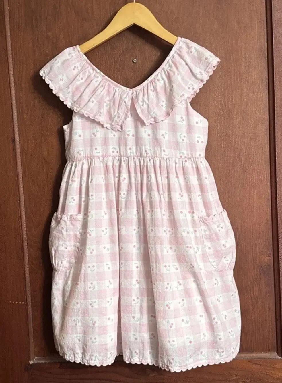 Catherine Malandrino Girls Size 8 Pink Gingham Cherry Dress Ruffle Cottagecore